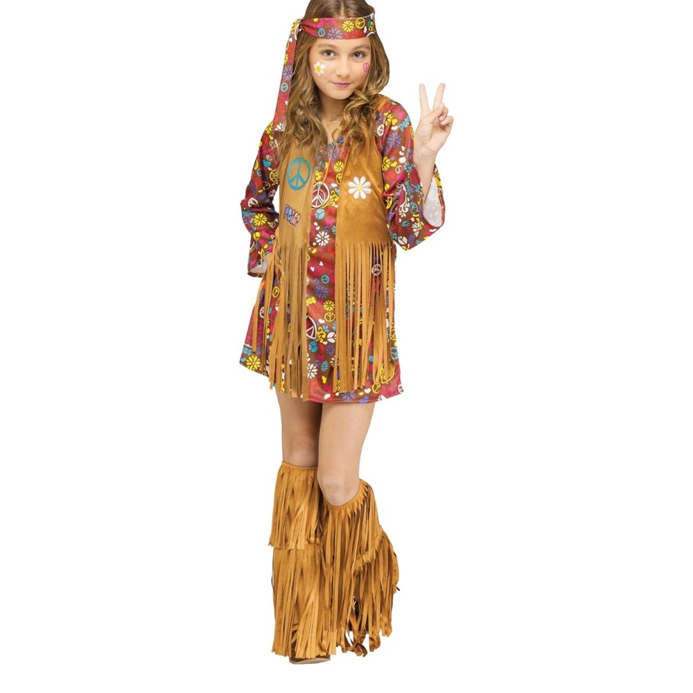 NEW! Colorful Hippie Costume Dress Attached Vest Headband Boot Covers Medium
